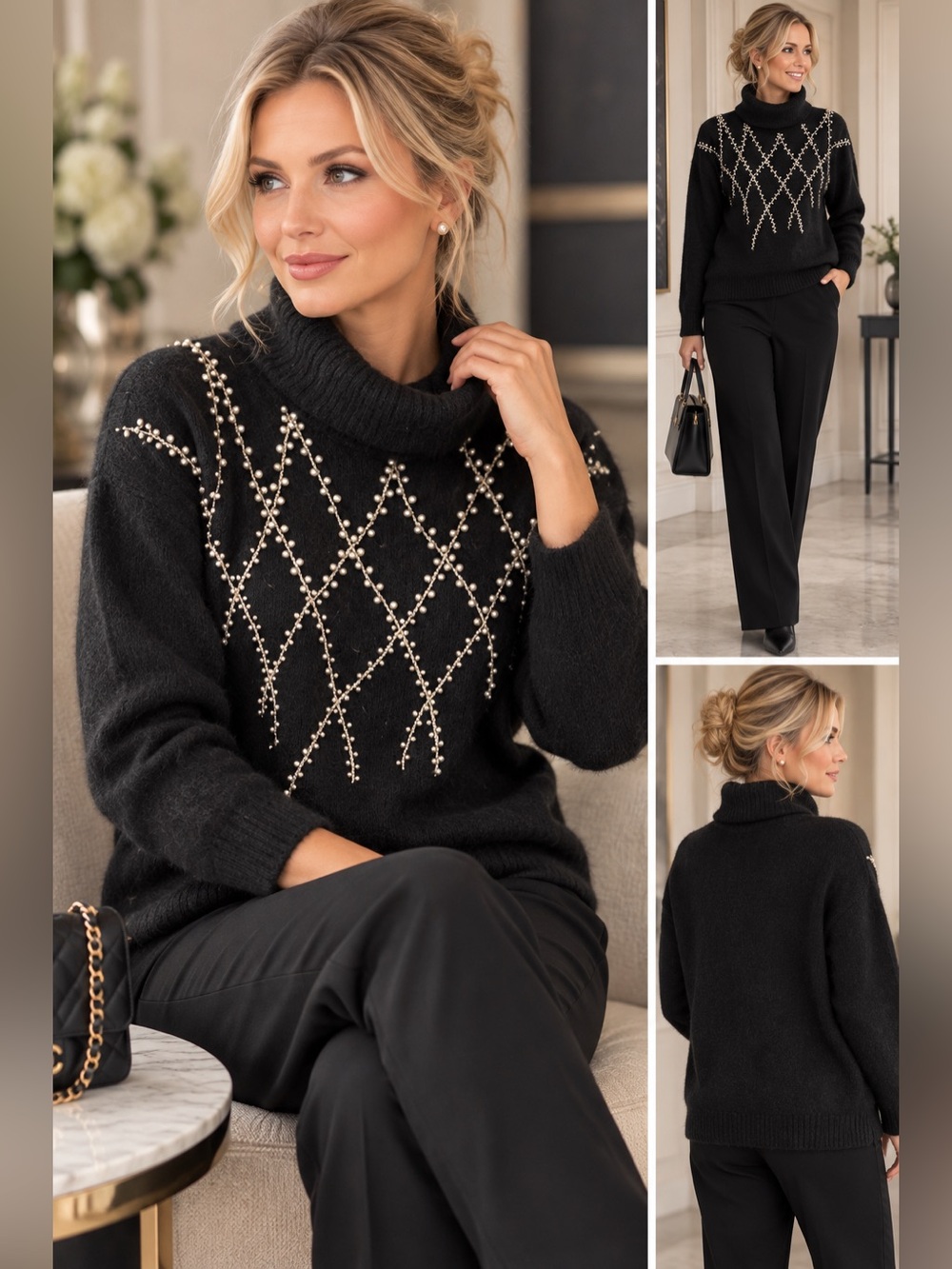 Y2K Black Pearl-Accent Turtleneck Sweater